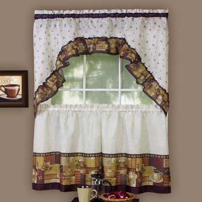 Embellished Tier and Swag Curtain Set, Coffee, Light Filtering Tier Panel: Fabric Panels Add Light Control, Decorative Pattern, and Finished Hanging Details.