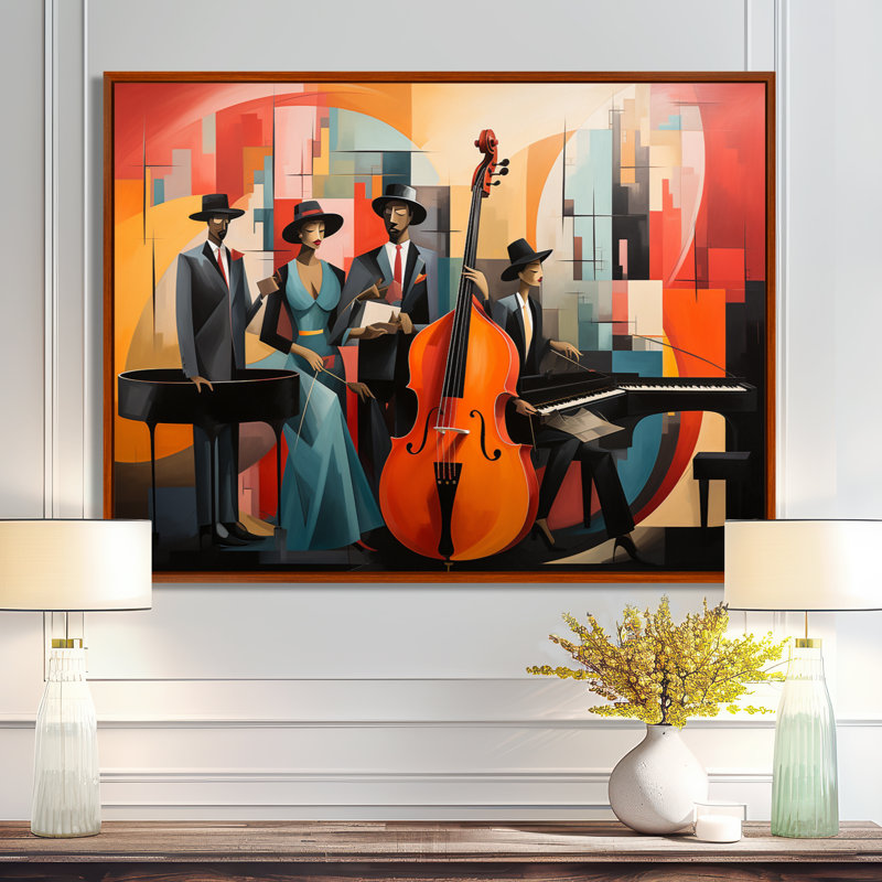 Abstrait Harlem Jazz Quartet - Musician, impression d'art mural, Toile avec cadre flottant brun, H 16 po x l 32 po x P 1 po