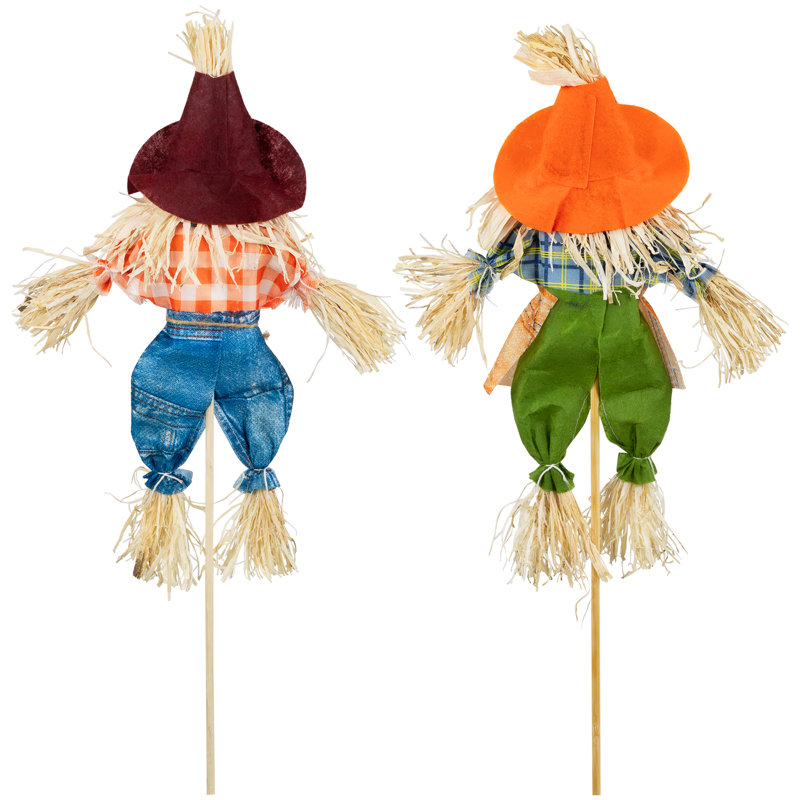 18" Boy and Girl Fall Harvest Scarecrow Picks in Orange and Blue