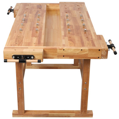 Solid Rubber Wood Workbench with Dual Integrated Vises & Bench Dog Holes
