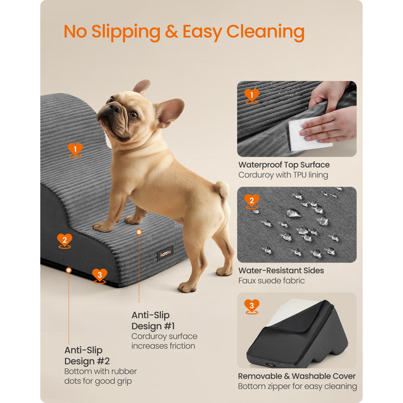 3-Step Dog Stairs, Corduroy Dog Steps For Bed, Slate Grey