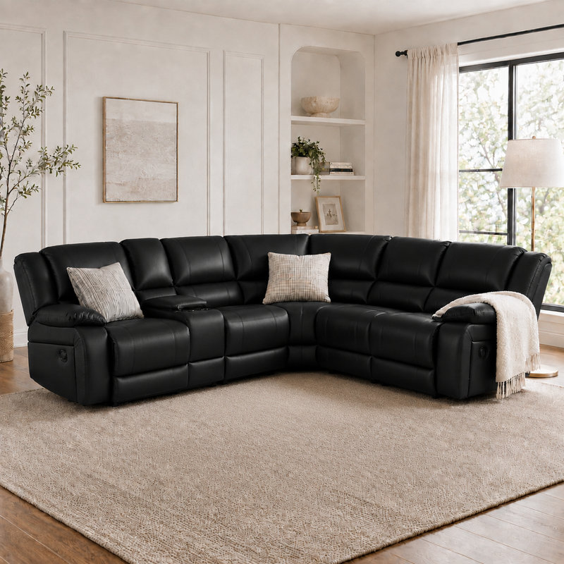Darlene 109" Faux Leather Reclining Sectional Sofa with Storage and Cup Holders, Black Faux Leather