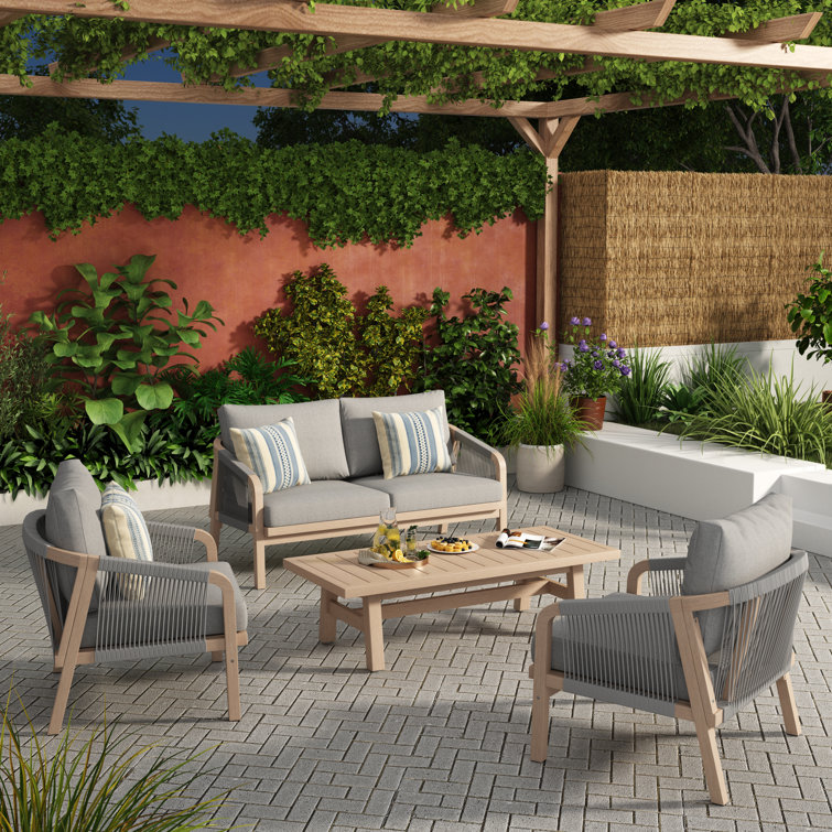 4-Person Outdoor Acacia Wood Conversation Set With Cushions And Table