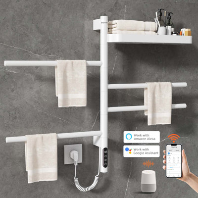 Porte-serviettes chauffant rotatif intelligent pour la salle de bain SIOYIE, sèche-serviettes électrique mural 70W avec barres pivotantes, minuterie 1-24H, 115 ℉ -155 ℉, chauffe-serviettes avec contrôle d'application Wi-Fi, acier à faible teneur en carbone, IPX5, à brancher Câblé, noir