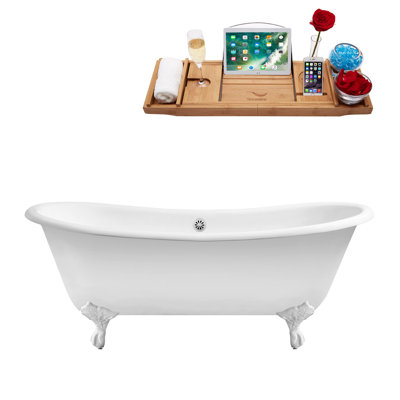 71" Streamline Clawfoot Soaking Cast Iron Bathtub With Drain,Clawfeet, and Bamboo Tray