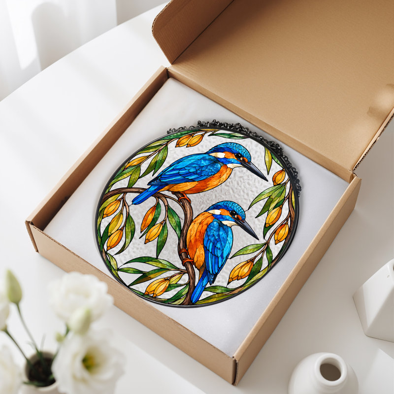 «Two Blue Kingfishers on Branch in St donned Glass», art mural sur toile, H 7,8 po
