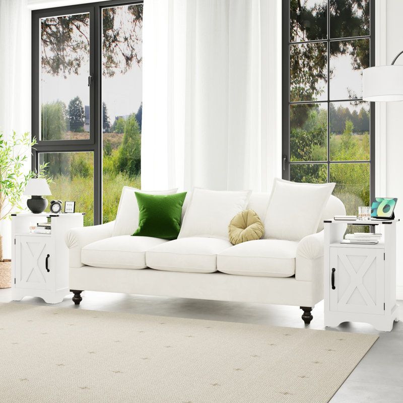 White Rustic End Table With Electrical Outlets. Design. Ul Charging. Generous Storage. Build. Easy Assembly Process. 16.2in Depth X Width 25.48in Height. 55.67lb Weight Bedside Side Table. .