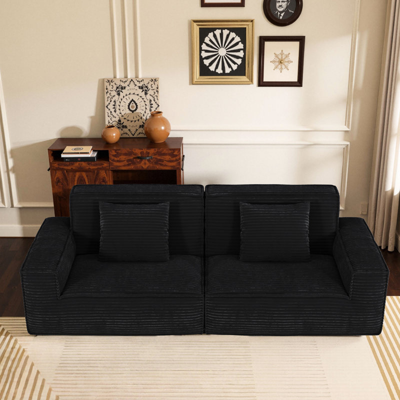 106,3 pouces à grandes rayures, 3 sièges, microfibre noire, rembourrage en mousse souple, style moderne, endroit élégant pour la chambre à coucher, charme des petits coussins,
