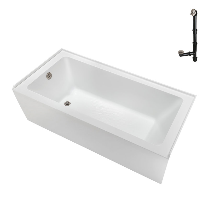 Baignoire en alcôve en acrylique blanc brillant avec drain extérieur 66 po x 32 po Streamline, Nickel brossé