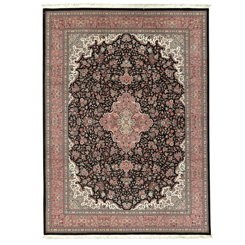 Hand Knotted Wool Area Rug in Black And Rose