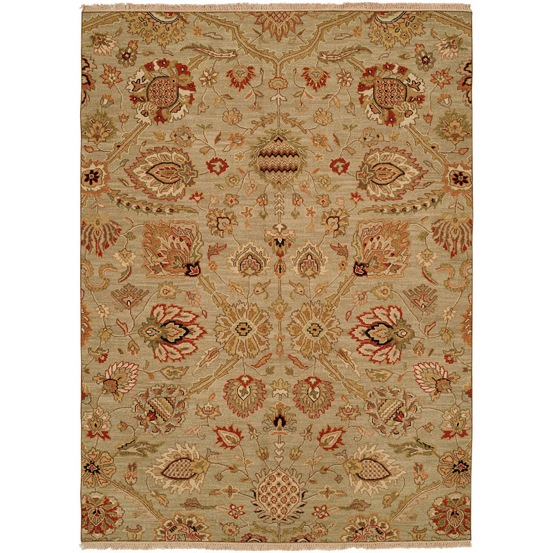 Tapis floral en laine tissé à la main brun / beige / rouge, Rond 10 pi