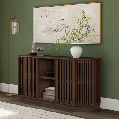 Contour 59" Curved Sideboard/TV Stand with Slat Doors and Open Shelf