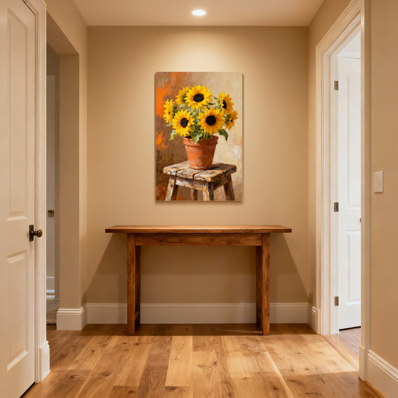 Plantes et fleurs tournesols en pot sur un tabouret en bois, H 36 po x l 24 po, Toile tendue, Ne s’applique pas