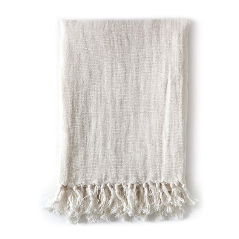 Indigo Montauk King-Size Heavy Linen Throw Blanket with Knotted Fray Edges