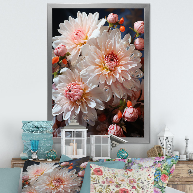 Rose et blanc, floraison de chrysanthèmes, art mural - Chrysanthèmes, Cadre photo argenté, H 32 po x l 16 po x P 1 po