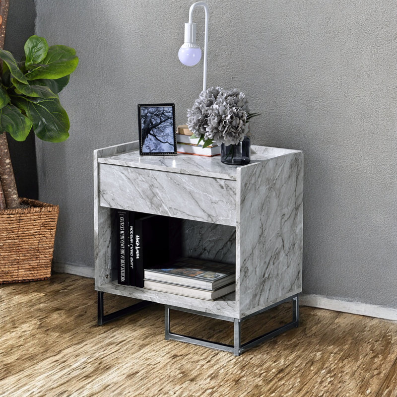 Stylish Appia White Accent Table – Engineered Stone Top with Chrome Sled Base for Bedroom or Living Room Décor