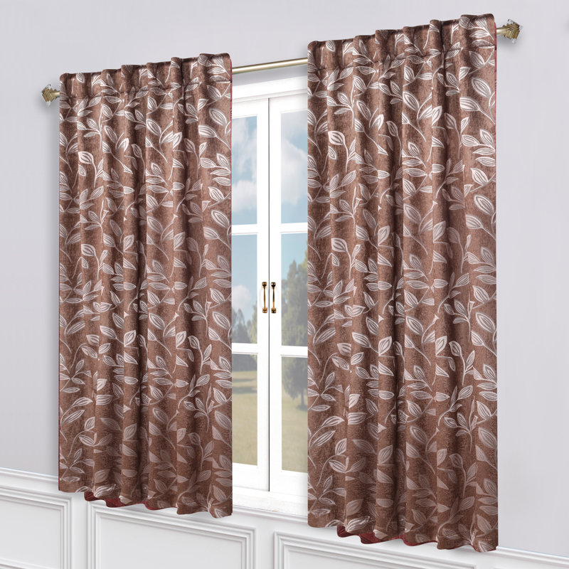  Leaves Pattern Machine Washable 100% Polyester Black Out Curtains with Back Tabs, Copper, 52" W x 108" L