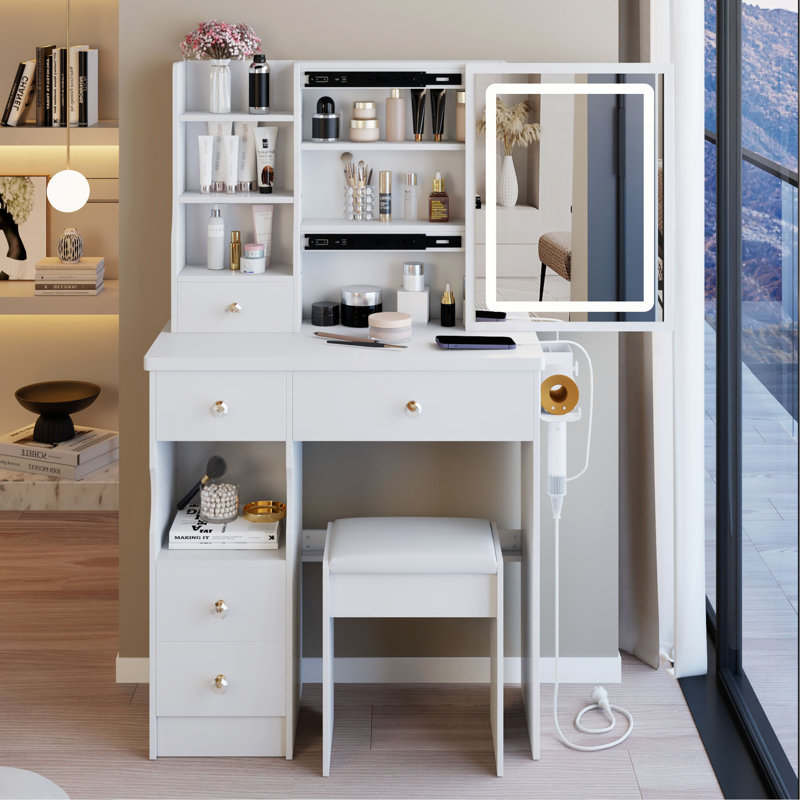 Petit meuble-lavabo de 29,2 po avec tiroir à gauche + tabouret rembourré, 2 blocs d'alimentation CA + 2 ports USB, support pour sèche-cheveux, très grand miroir coulissant à commande tactile à DEL, réglage de la luminosité tricolore, réglage de la luminosité