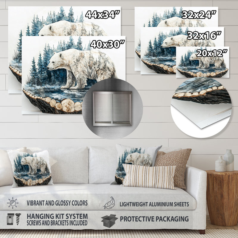 Ours polaire dans un paysage hivernal II - ours, impression sur métal, H 34 po x l 44 po