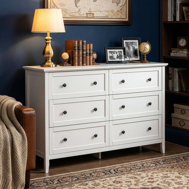 47 Inch Six Drawer Cabinet With Double Row Dual Handles Frame Design Melamine Finish, White
