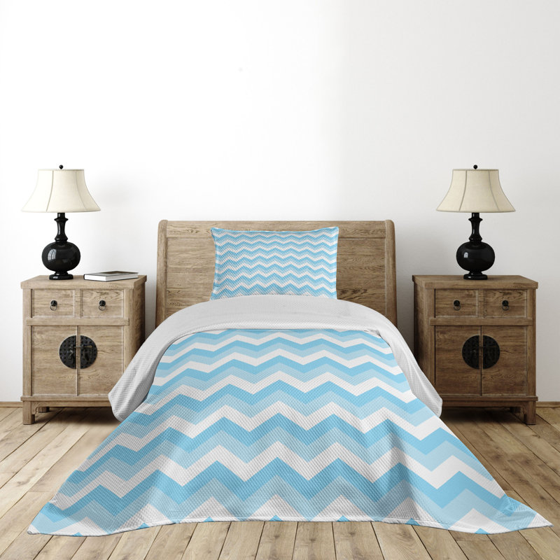 King Blue Quilted Chevron Bedspread Set with Pillow Shams