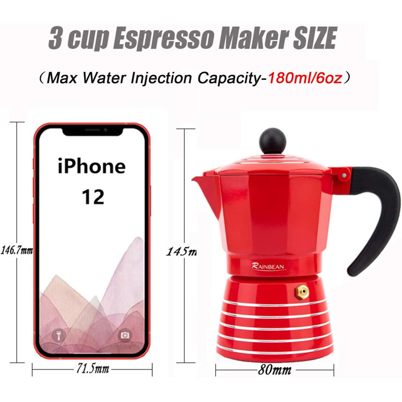 RAINBEAN Stovetop Espresso Maker – 6 Cup Moka Pot Italian Cuban Greca Coffee Maker, Durable Aluminum, Easy To Use & Clean, 300Ml, Red