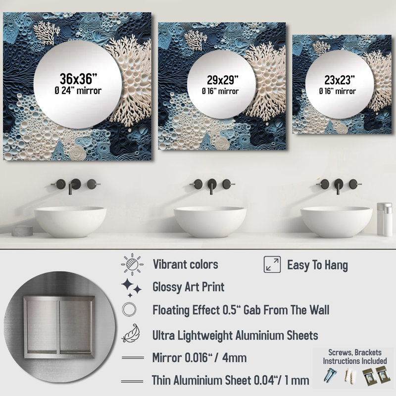 Collage de coraux sous l'eau bleu et blanc - grand miroir mural carré pour chambre à coucher, 23 po x 23 po