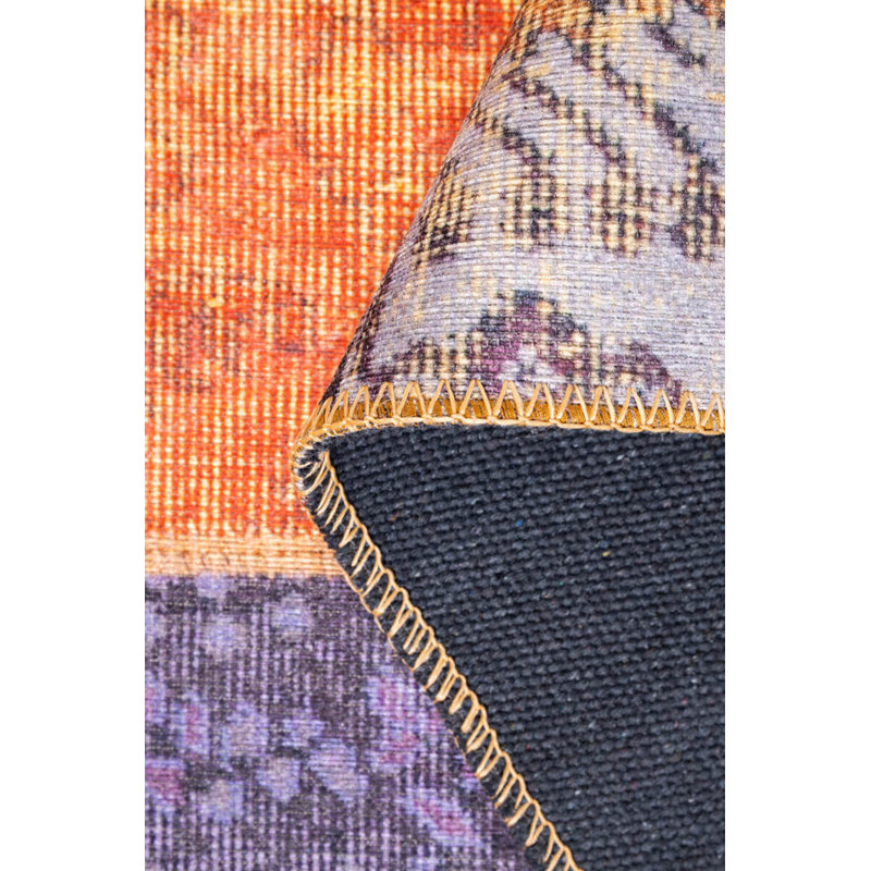 Orange Purple Patchwork Vintage Look Woven Base Decorative Carpet, Rectangle 7'7" x 10'10"