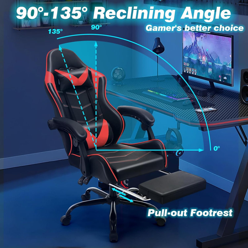 Easily Assembled Gaming Chair with Comfortable Reclining Backseat and Lumbar Support Massager, Red