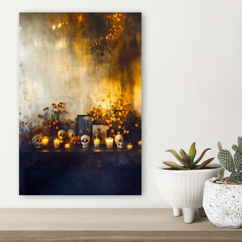 Day Of The Dead Ofrenda Vibrant Contemporary Marigold Autumn City Wall Art Print 1 Piece Wrapped Canvas Wall Art