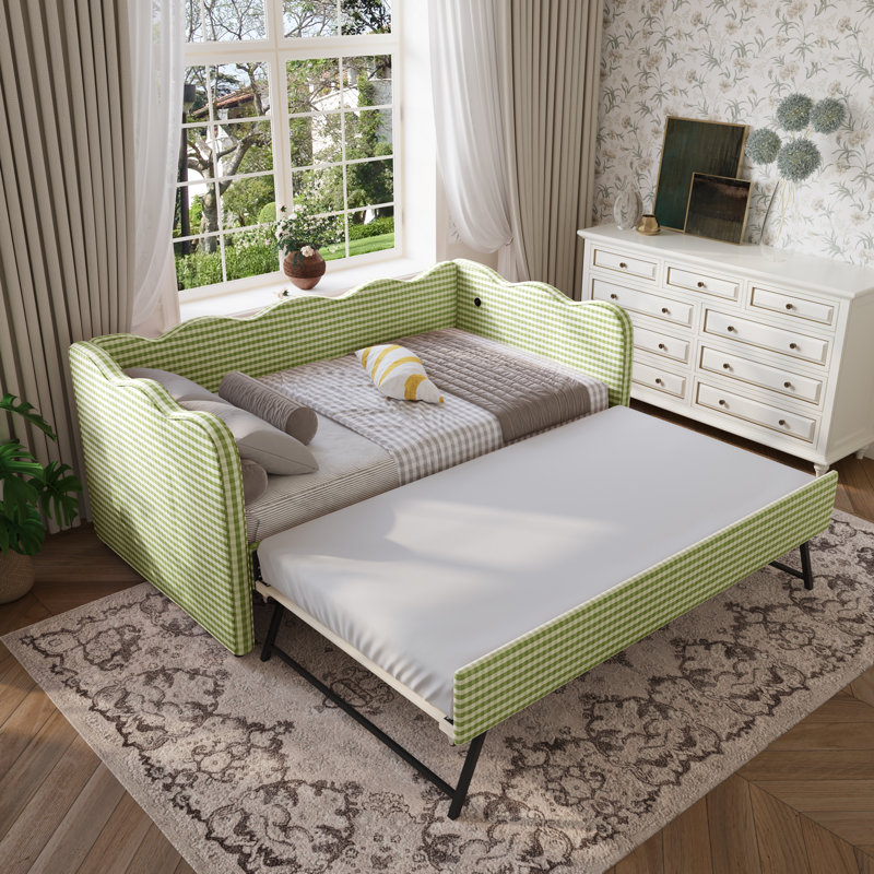 Linen Upholstered Gingham Daybed With Trundle, Usb Charging Port & Wave-shaped Design, No Box Spring Needed, Green