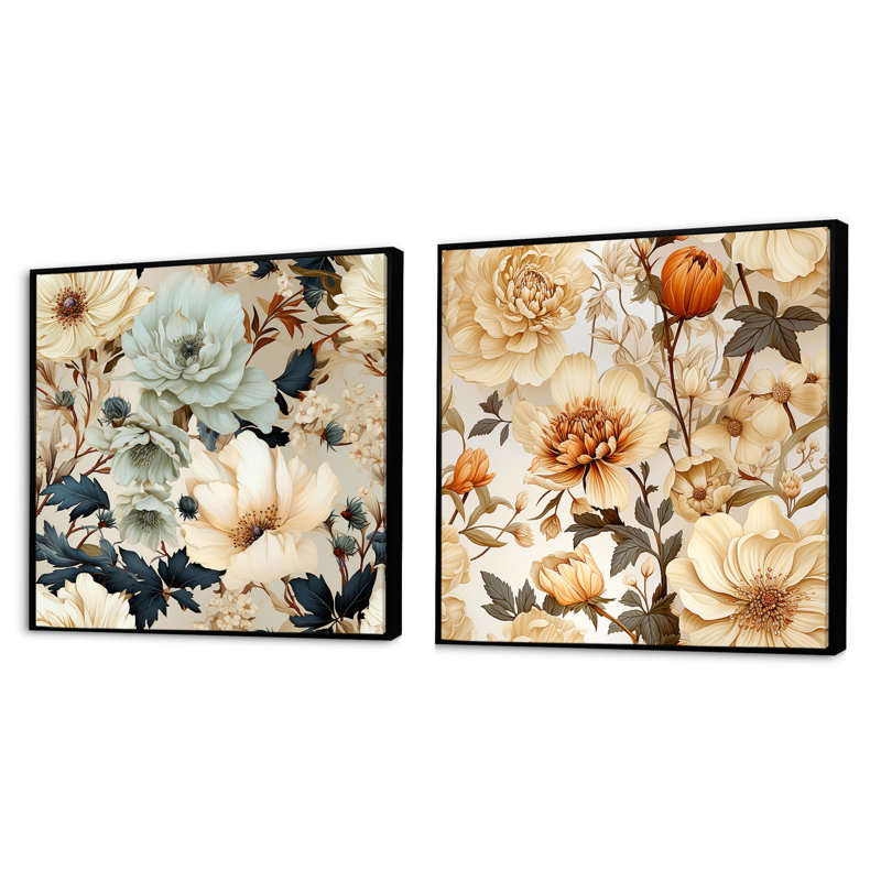 Kelia - Ensemble de 2 collages carrés floraux, Cadre flottant noir, H 16 po x l 33 po