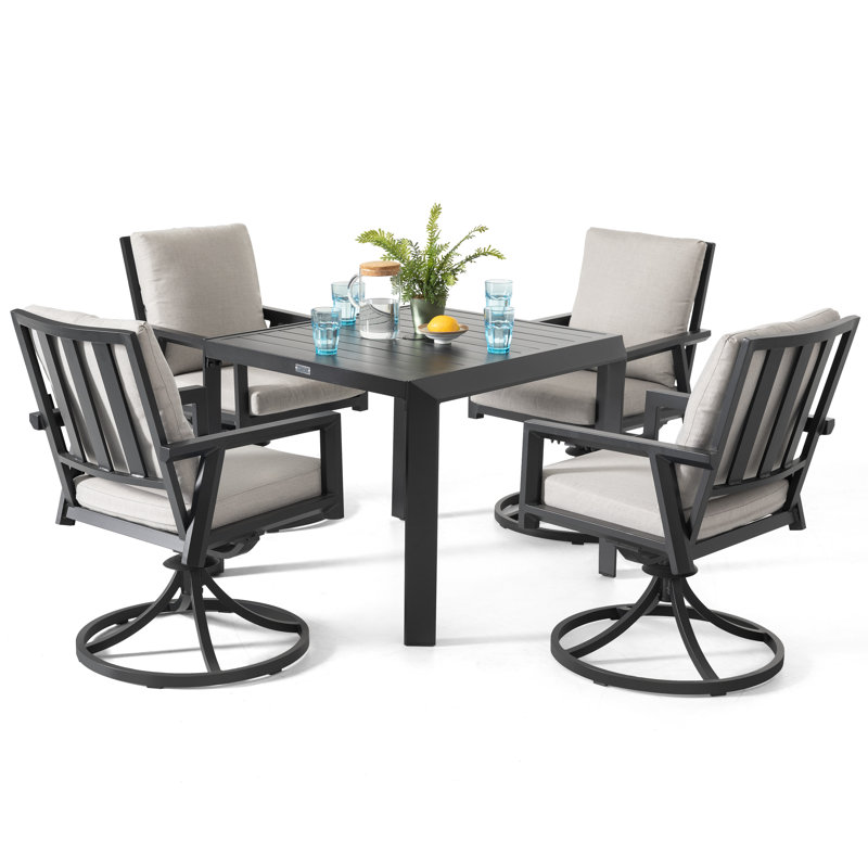 Outdoor 5-Piece Swivel Dining Set with 2.8” Soft Cushions, 35” x 35” Square Table with 2.4” Umbrella Hole for Backyard, Black and Gray