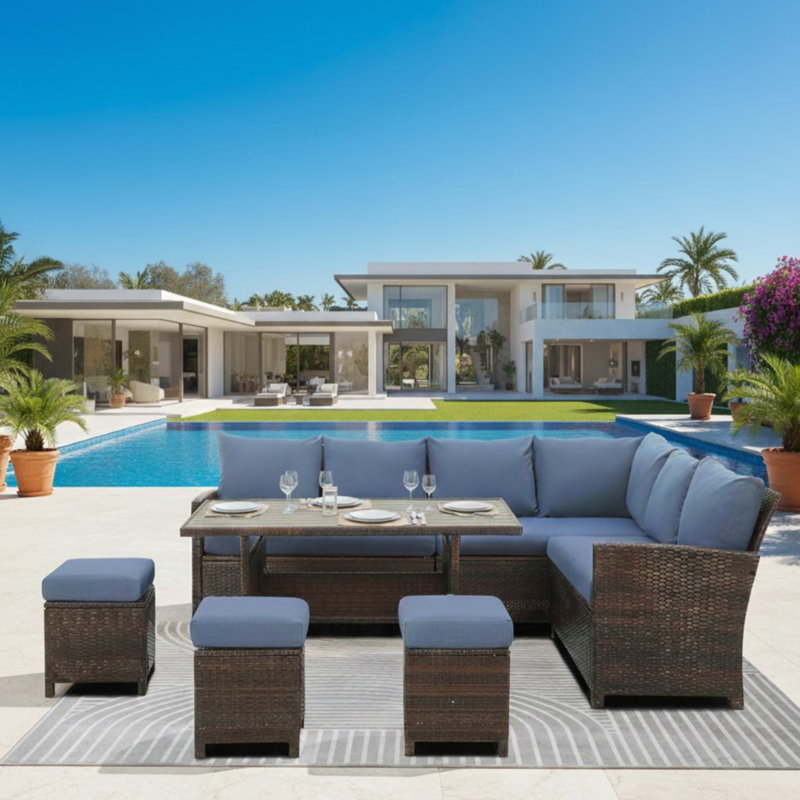 Canapé modulaire d'extérieur en osier 7 pièces 7 pièces avec coussins bleus avec repose-pieds et table de salle à manger