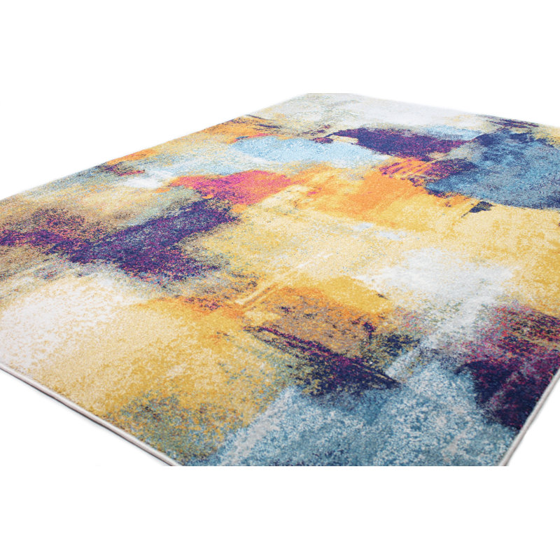 Vibrant Blue and Orange Abstract Synthetic Rectangular Rug 4' x 6'
