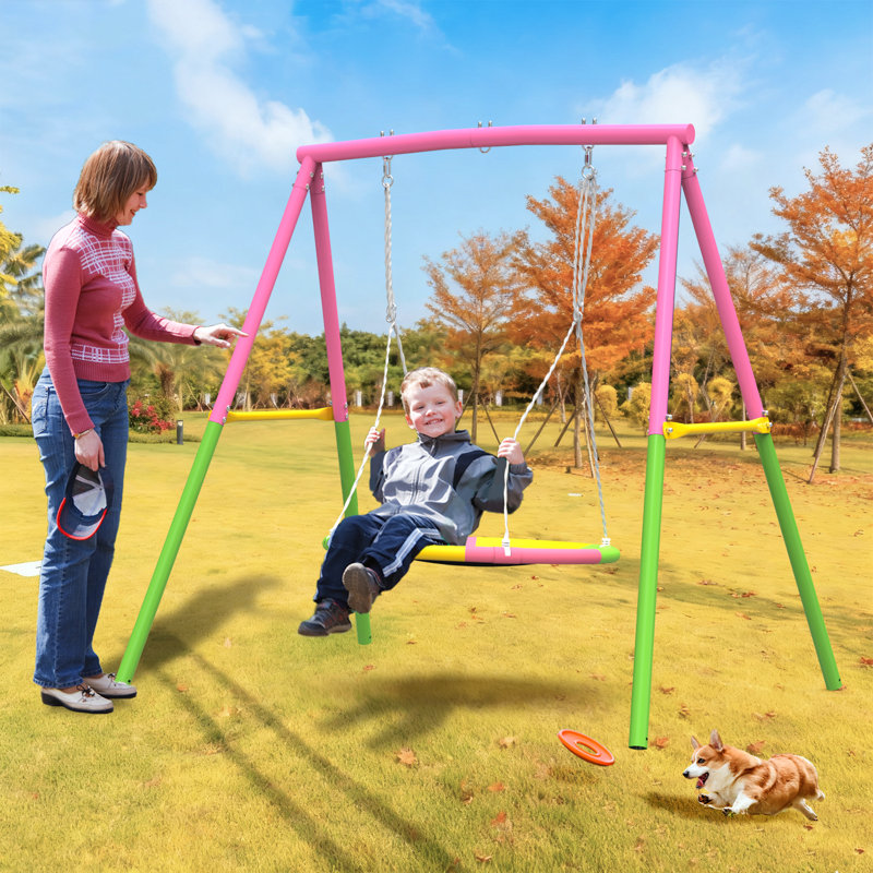 Portique extérieur Mersco pour l'extérieur avec support, ensemble de balançoire d'extérieur robuste en métal de 440 lb pour les enfants Support pour aire de jeux avec une soucoupe, ensemble de jeu pour la cour arrière, jaune / rose