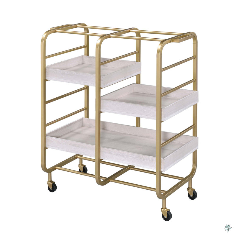 Washed Serving Cart With 3 Adjustable Trays, White/Gold