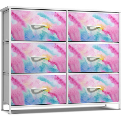 Sorbus 6 Drawers Dresser With Steel Frame, Wood Top, Fabric Bins In Watercolor Tie Dye In Tie-dye Pink
