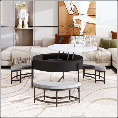 Table basse ronde à plateau relevable avec rangement et 3 repose-pieds