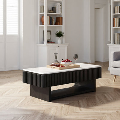 Rectangle Lift Top Coffee Table With Drawer & Hidden Storage, Modern Fluted Table With Marble-Pattern Top And Solid Wood Strips