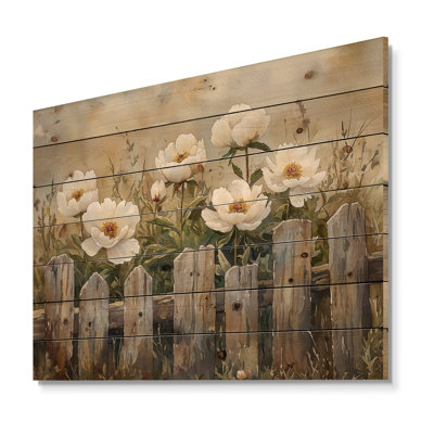 Pivoines de campagne par la vieille clôture III - décoration murale en bois de pivoines - sur bois de pin naturel