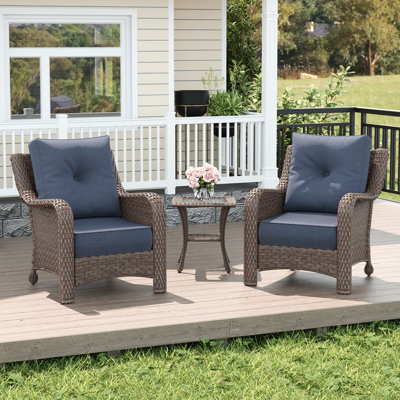  3 Piece Wicker Outdoor Furniture Set with 6-inch Comfy Cushions, High Back Patio Furniture Set with Rattan Armchairs and Side Table