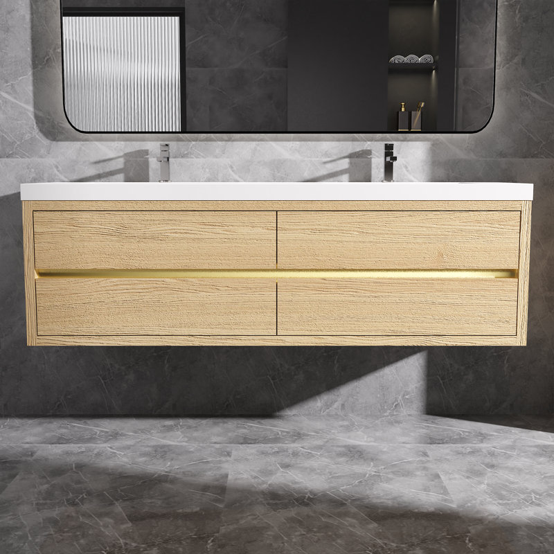 Meuble-lavabo mural flottant avec double surface de comptoir en blanc, 72", Brun