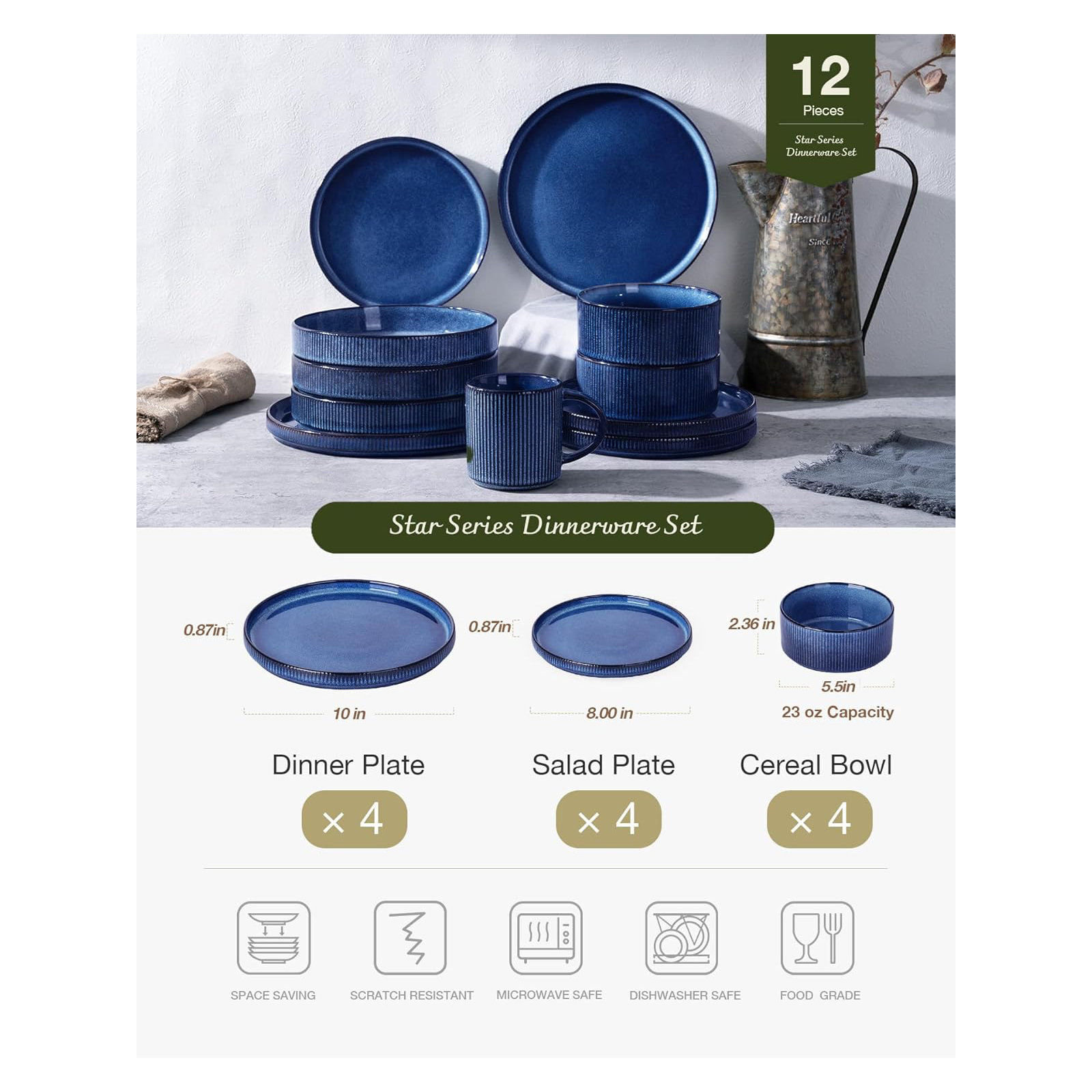 Stoneware Dinnerware Set, Service for 4, Nebulas Blue