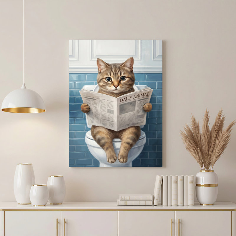 Chat lisant un journal sur une toile tendue sur toile tendue, ensemble de 1, H 36 po x l 24 po