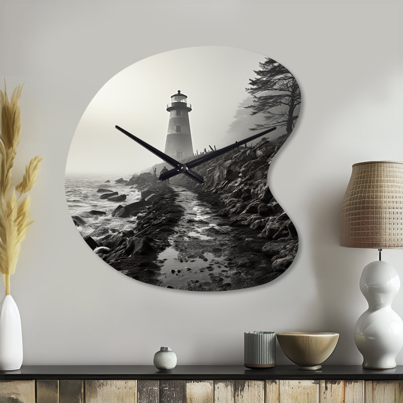 Horloge murale en forme de ciel irrégulier noir avec phare noir et blanc, Petit