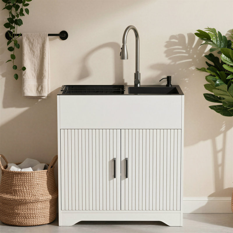 Laundry Sink With Cabinet, Utility Sink with Stainless Steel Sink and Pull-Down Faucet