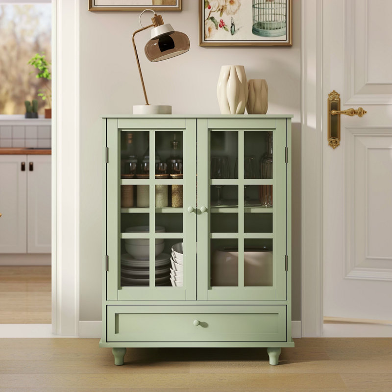 Armoire de minimalisme avec portes doubles en verre et tiroir, armoire de rangement moderne en bois pour le salon, le vestibule, le couloir d'entrée