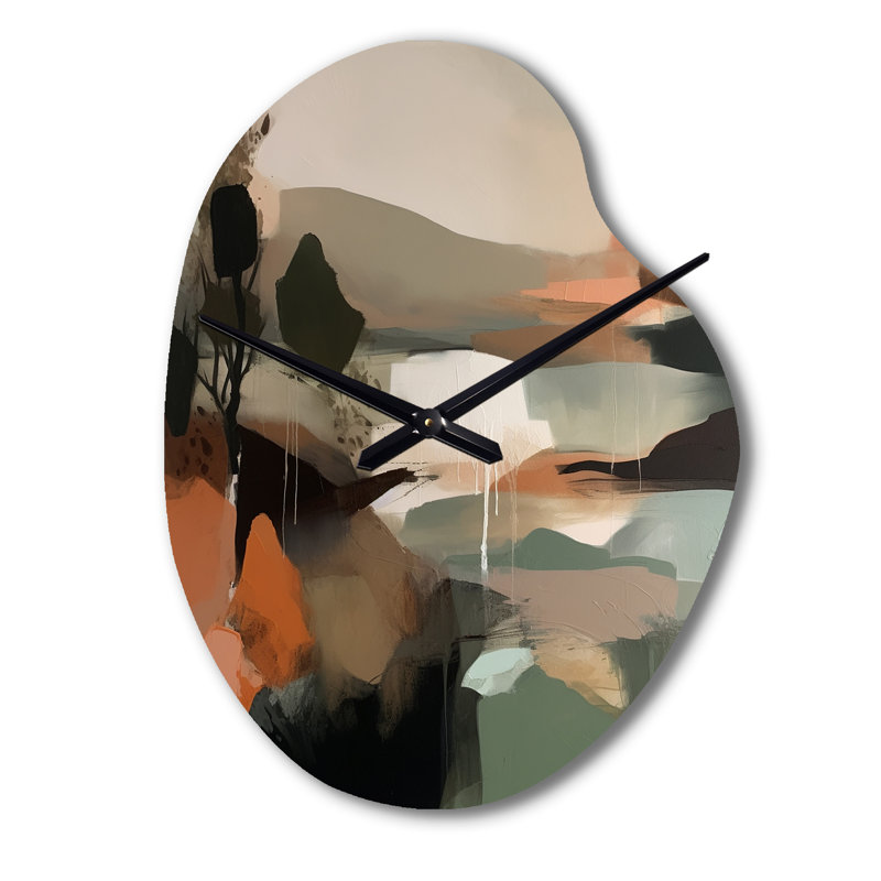 «Green and Beige Transcendant Reality I», peinture abstraite de forme unique en métal, horloge murale asymétrique moderne