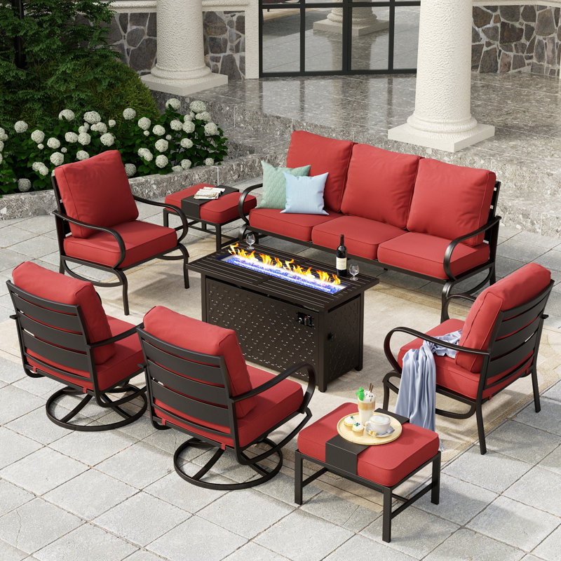Tapasi 9 - Person Patio Conversation Set with Swivel Lounge Chairs & Optional Firepit Table, Red, Yes